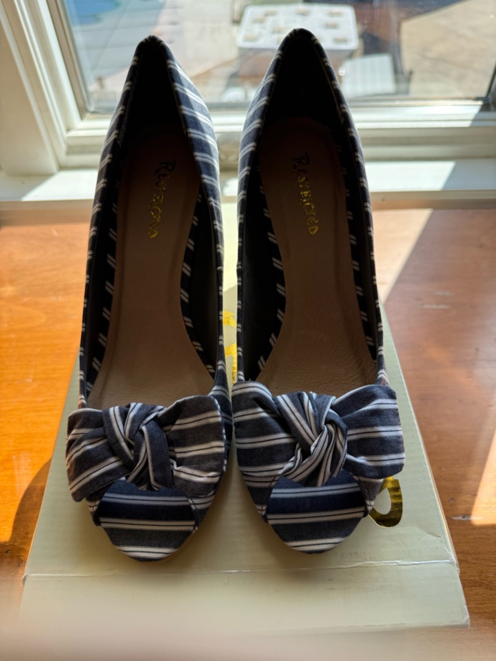Rene Caovilla Navy and White Striped Knot Pumps